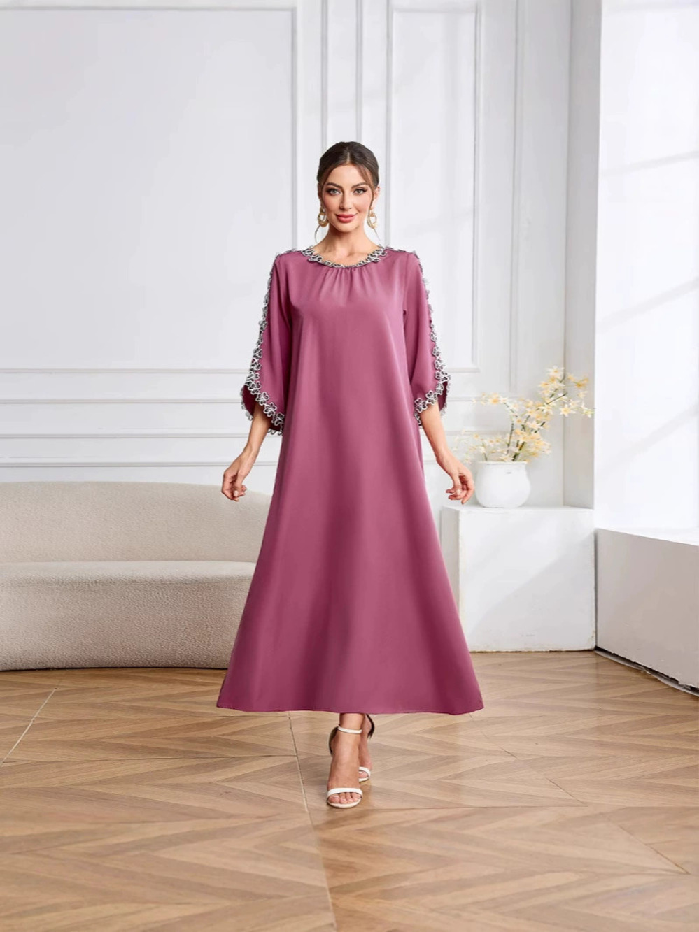 ZARA Hot Selling Elegant Lace Round Neck Long Dress Robe Actual Photo
